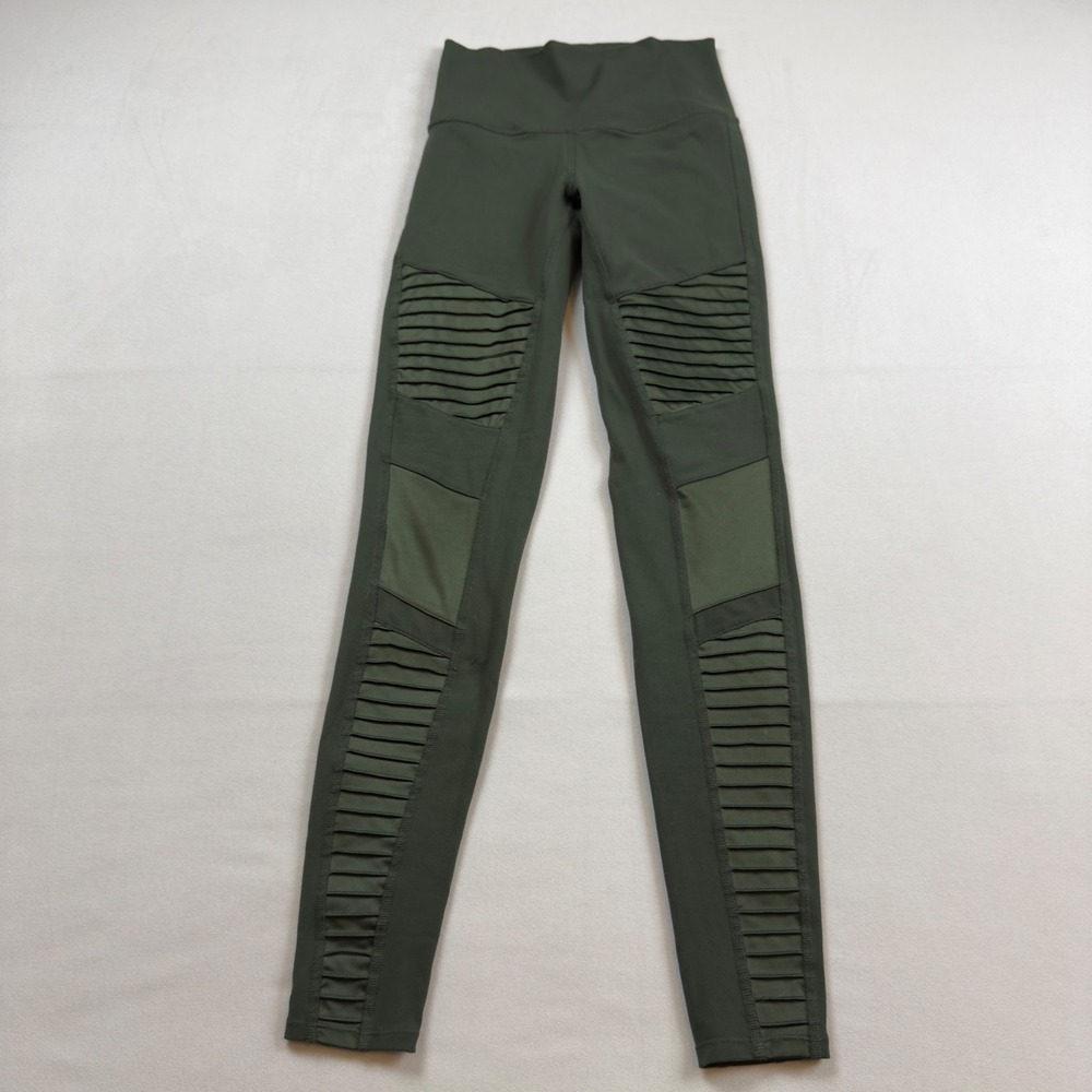 Alo Yoga High-Waist Moto Leggings Forest Green Quilted Panels‎ Womens XXS EUC